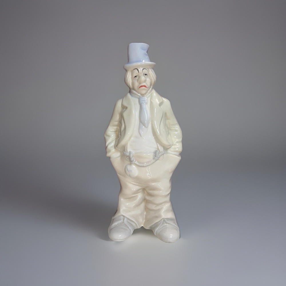 Vintage Porcelain Grumpy Circus Clown Figurine with Hands in Pockets‎ 7" Tall